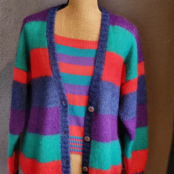 Knit Knit Acrylic & Mohair Striped Cardigan With Matching Knit Tank Top Large - Picture 13 of 15